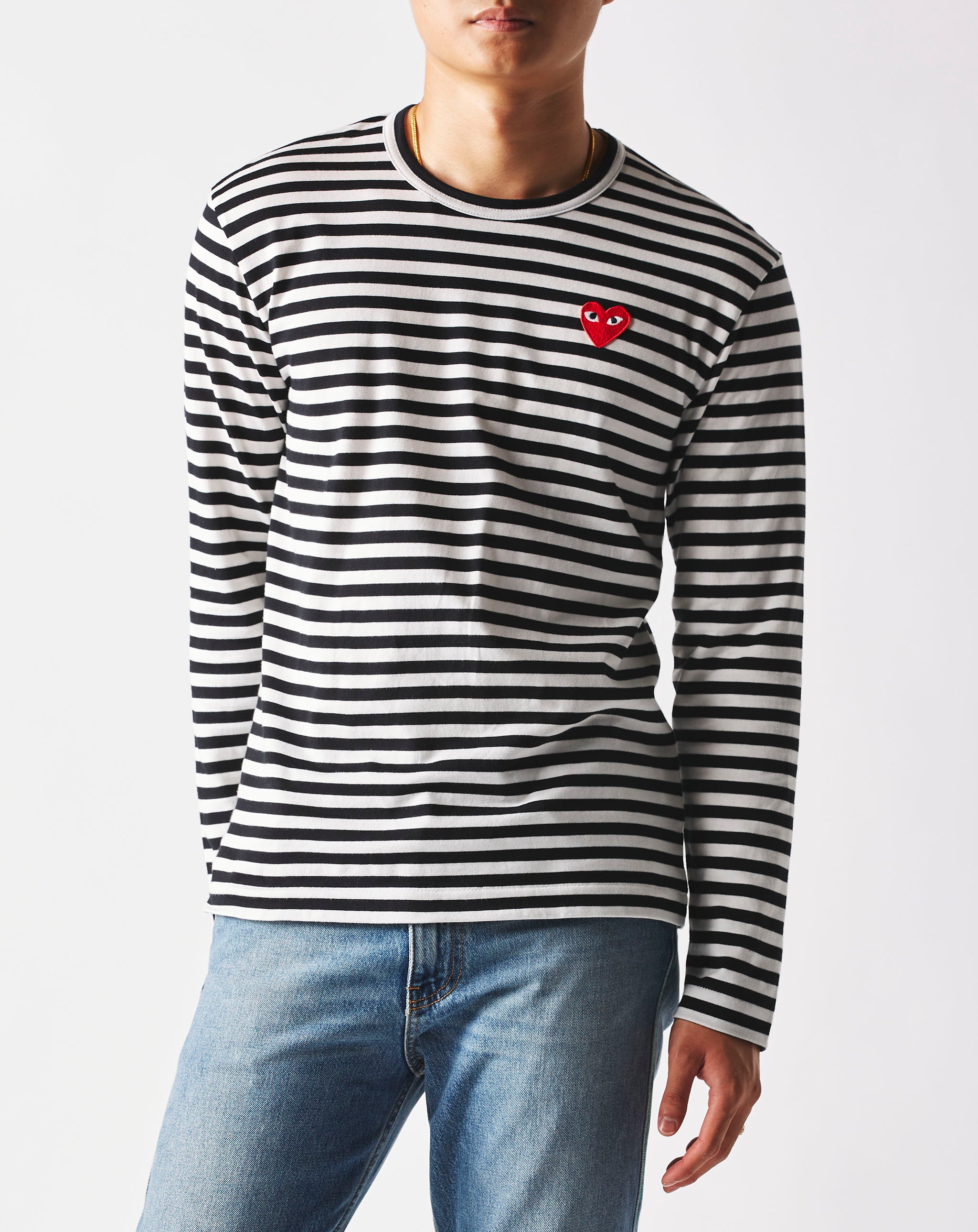 Comme des garcons play long sleeve heart logo stripe tee online